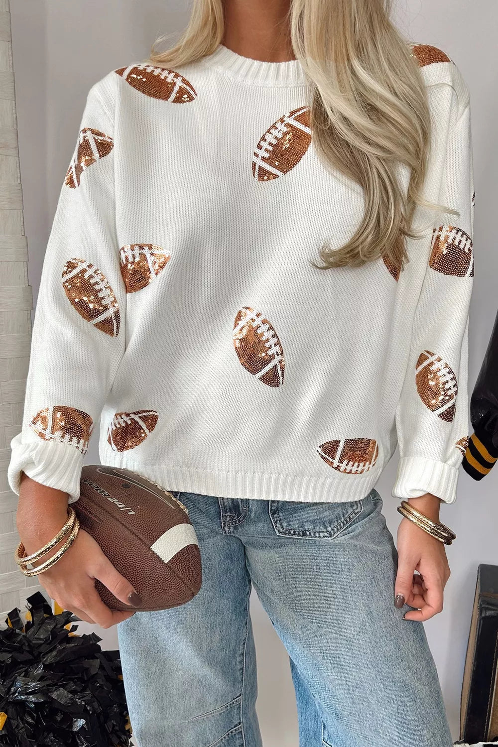 Sequin Football Print Round Neck Long Sleeve Loose Fit Sweater