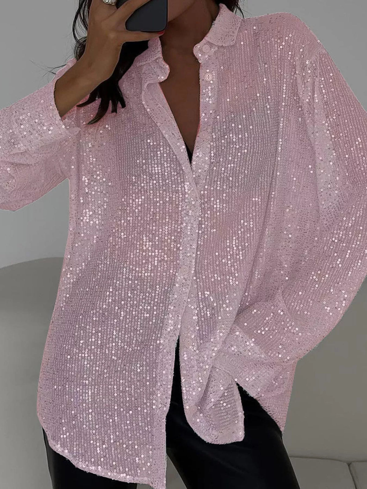 Full Size Sequin Button-Down Shirt Plus Size