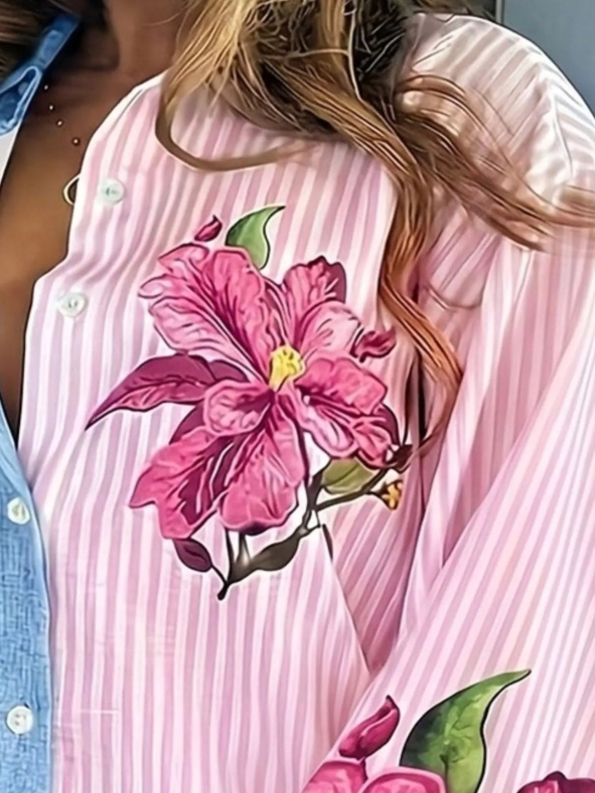 Color-Block Striped Floral Print Oversized Shirt