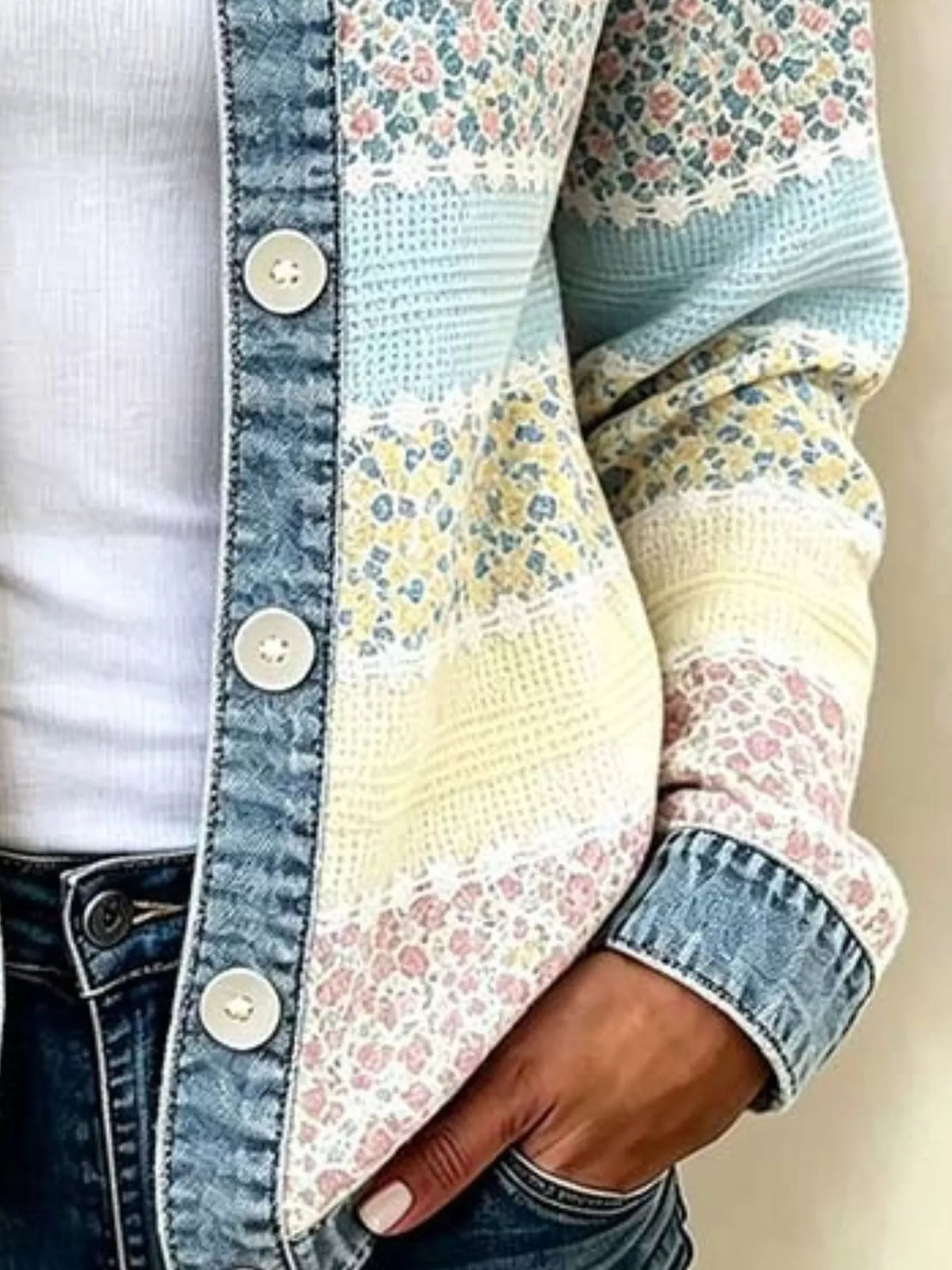 Full Size Floral Patchwork Denim Trim Jacket Plus Size
