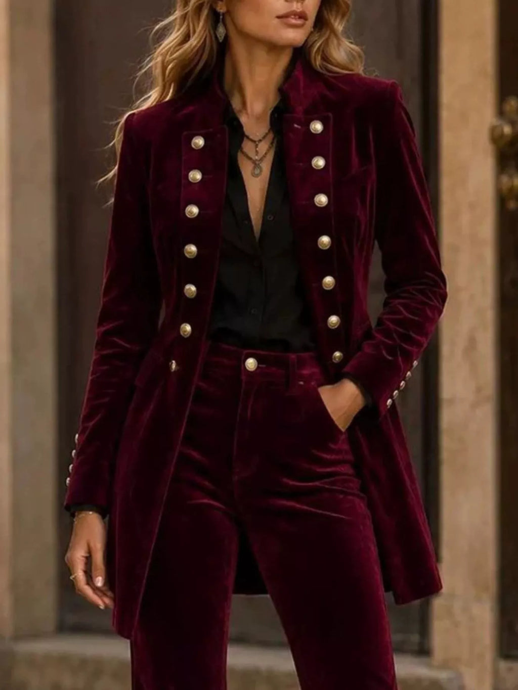 Velvet Double-Breasted Blazer and Flare Pants Set