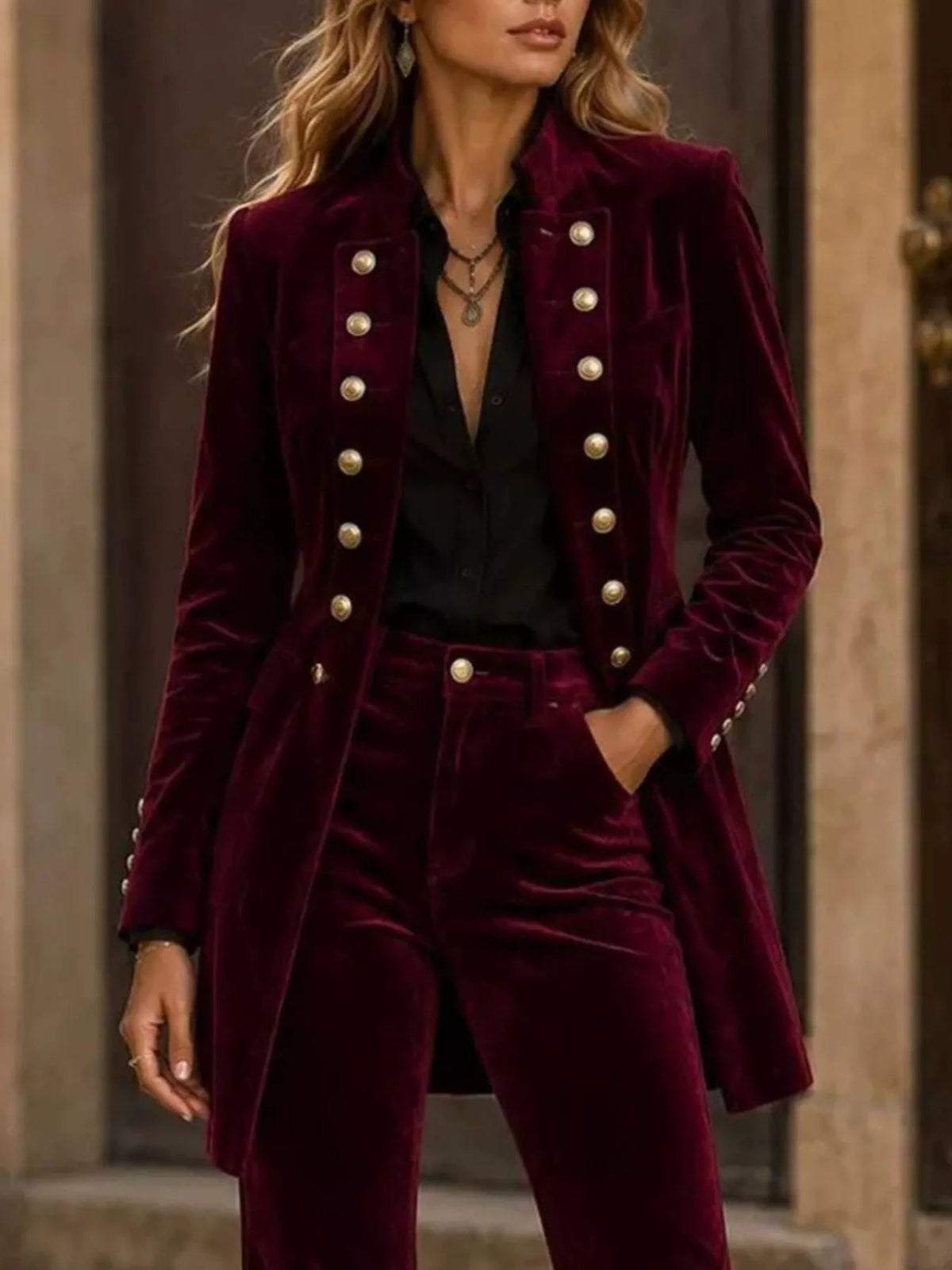 Velvet Double-Breasted Blazer and Flare Pants Set