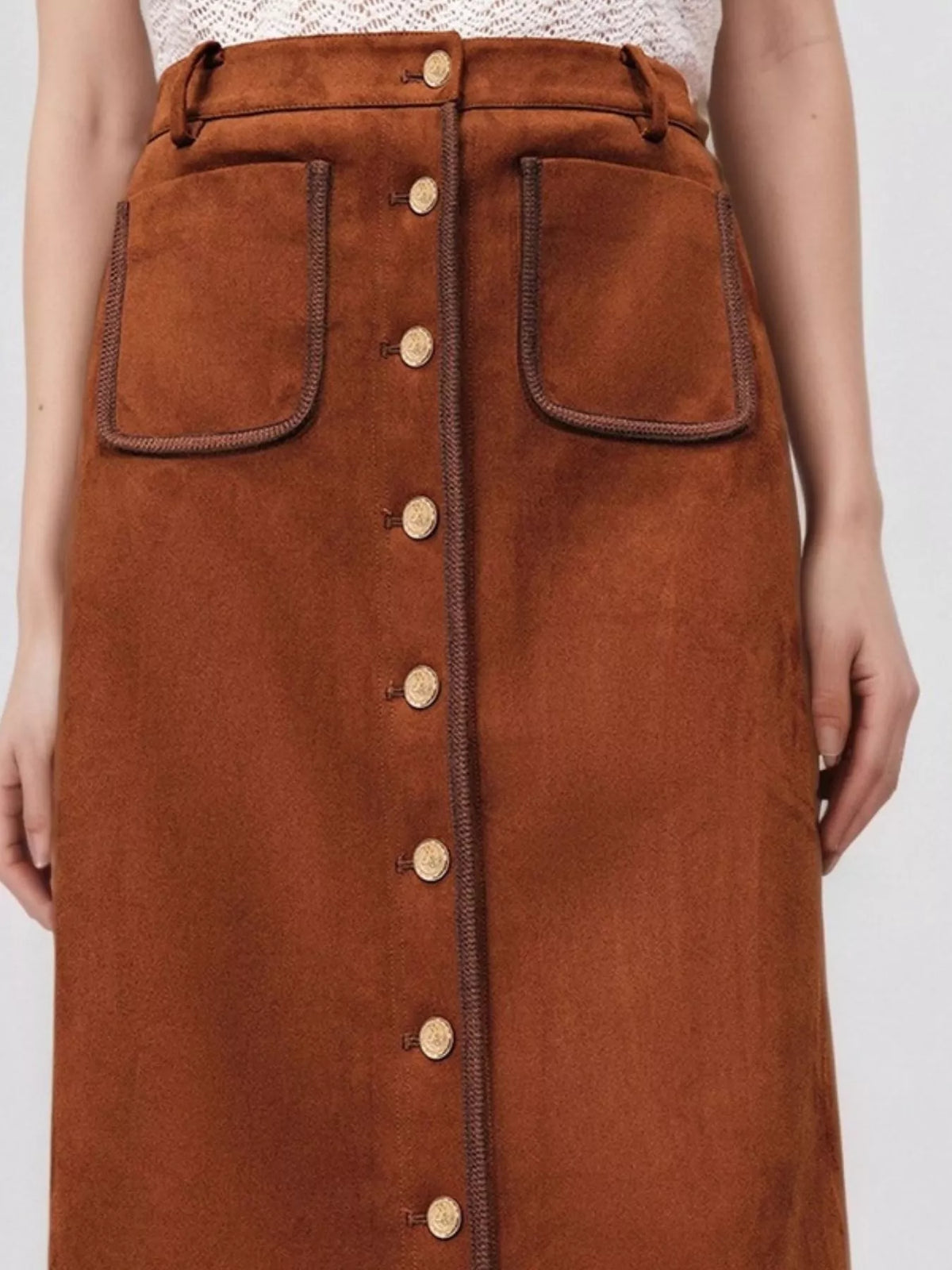 High-Waisted Button-Front Midi Skirt