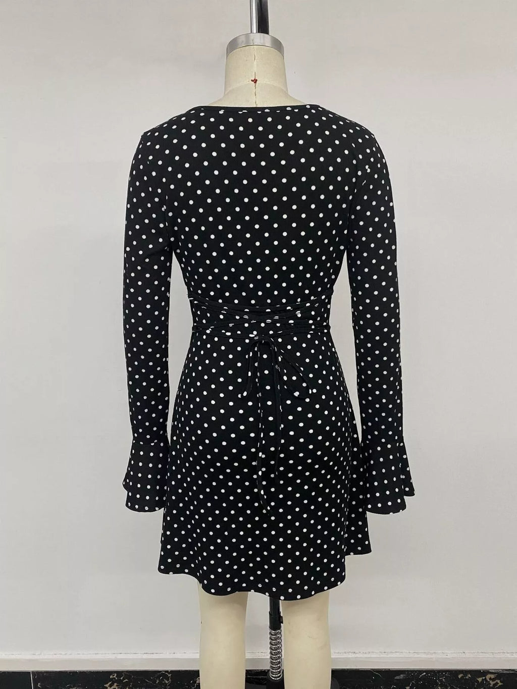 Polka Dot Long Sleeve Ruffle Hem Mini Dress