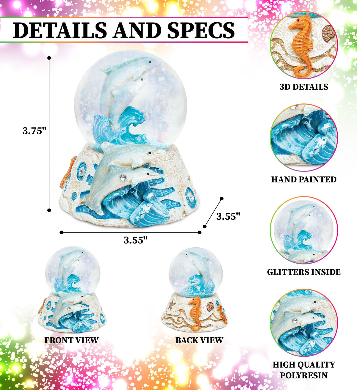 Kids Dolphin Snow Globe – Stone Base Ocean Theme Decorative Toy & Gift