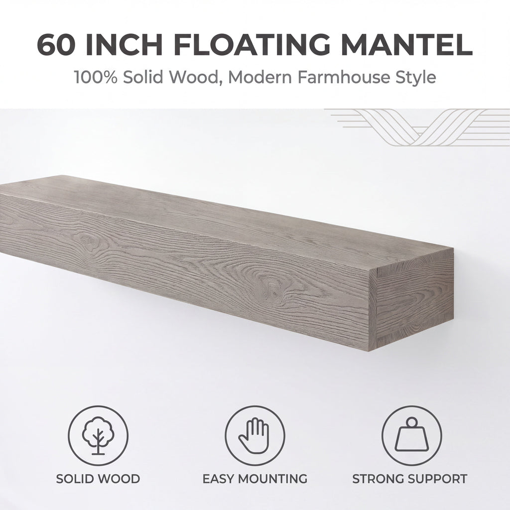 60" Rustic Embossed Wood Fireplace Mantel,Wall-Mounted & Floating Shelf for Home Decor