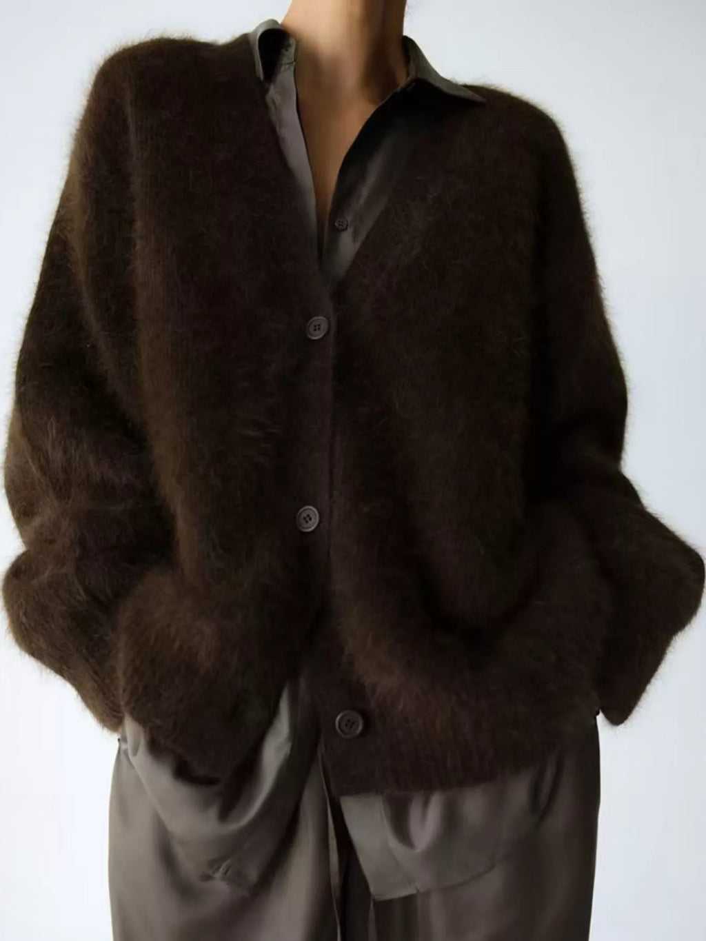 Fuzzy V-Neck Button-Down Cardigan