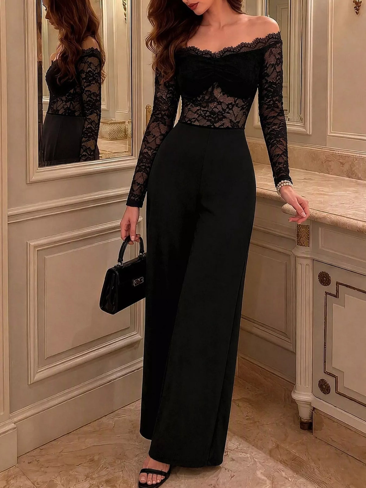 Off-Shoulder Lace Long Sleeve Wide-Leg Jumpsuit