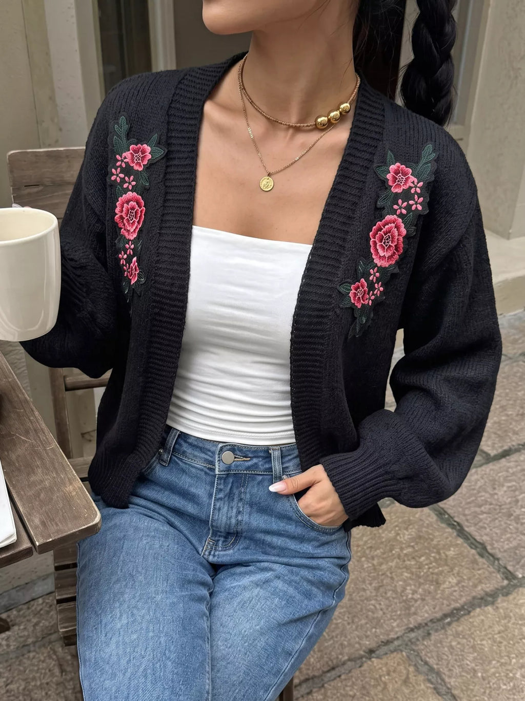 Floral Embroidered Applique Knit Cardigan