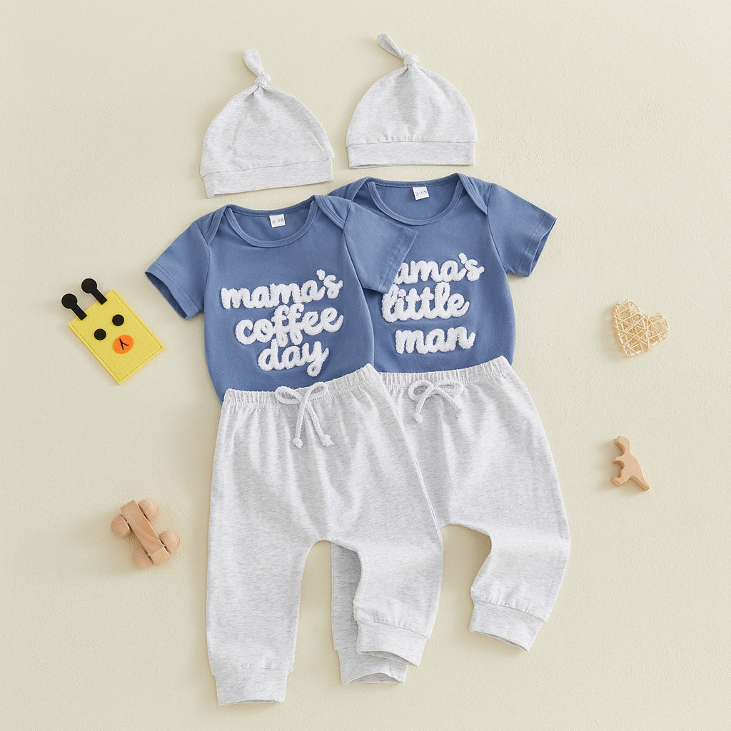 Baby Letter-embroidered Short-sleeve Romper Long Pants Hat Three-piece Set