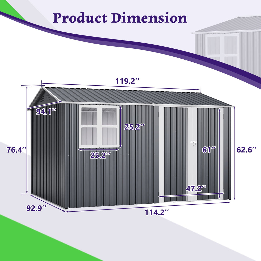 10X8FT Outdoor Steel Storage Shed with Clear Window, Lockable Doors