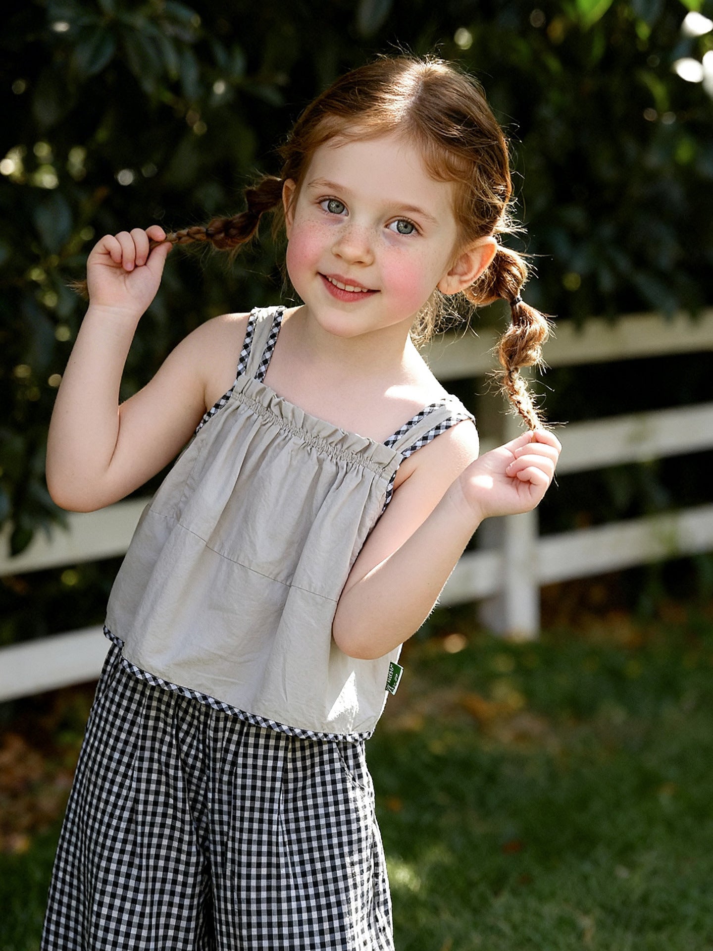 Girls Plaid Suspender Top And Bloomer Pants Two-Piece Set