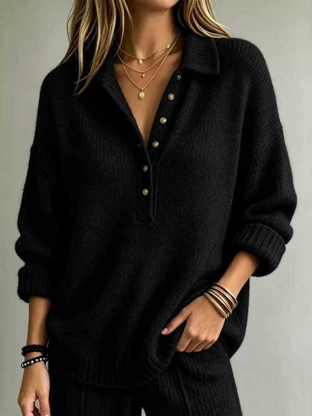 Button Detail Dropped Shoulder Sweater