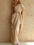 One-Shoulder Draped Maxi Dress with Waist Buckle