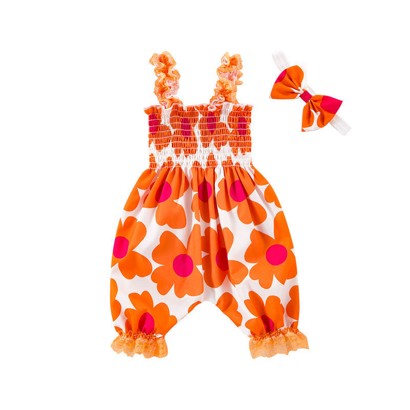 Infant And Toddler Clothing Suspender Top With Waist Tie, Printed Bloomers, Two-piece Set