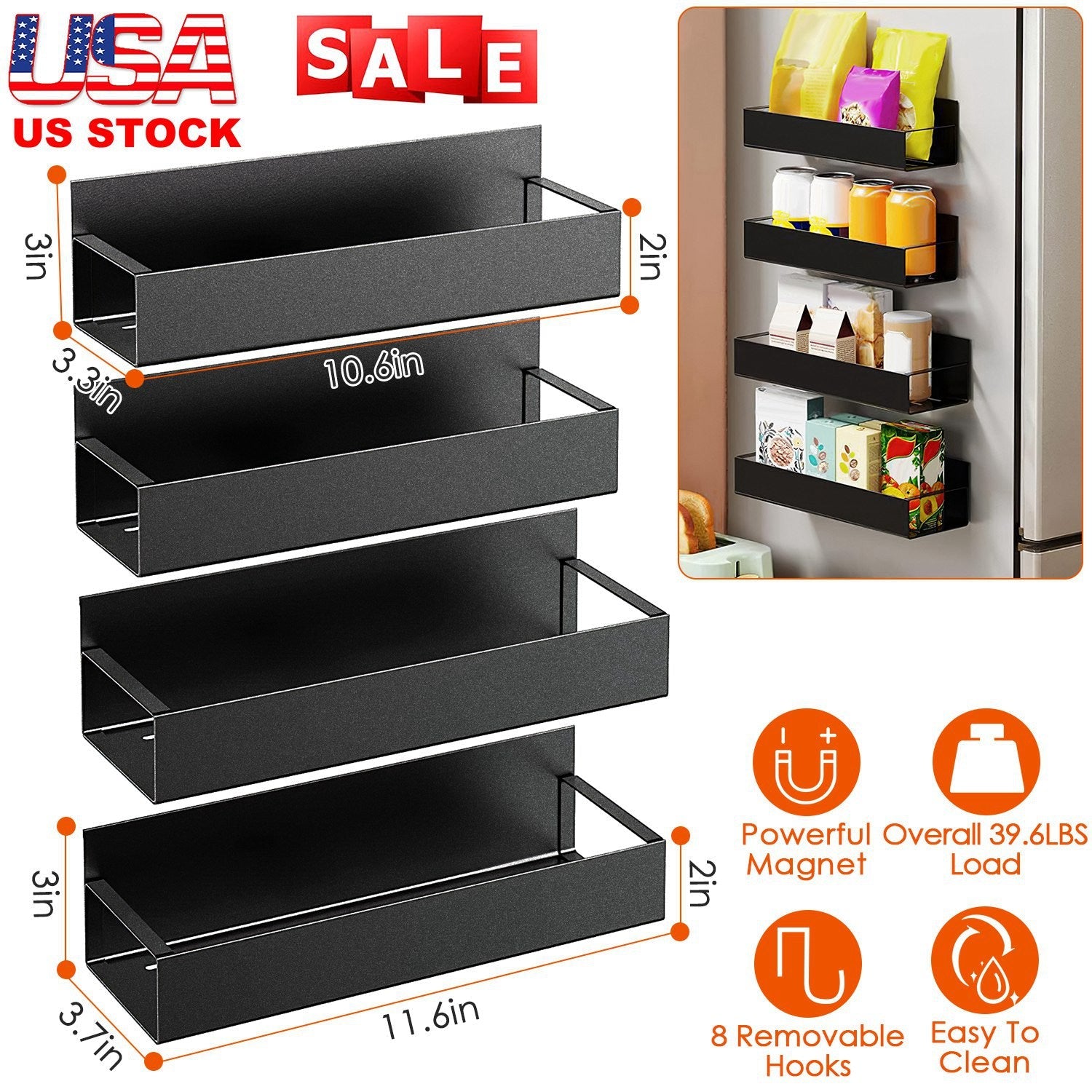 Magnetic Spice Rack with 8 Removable Hooks for Kitchen