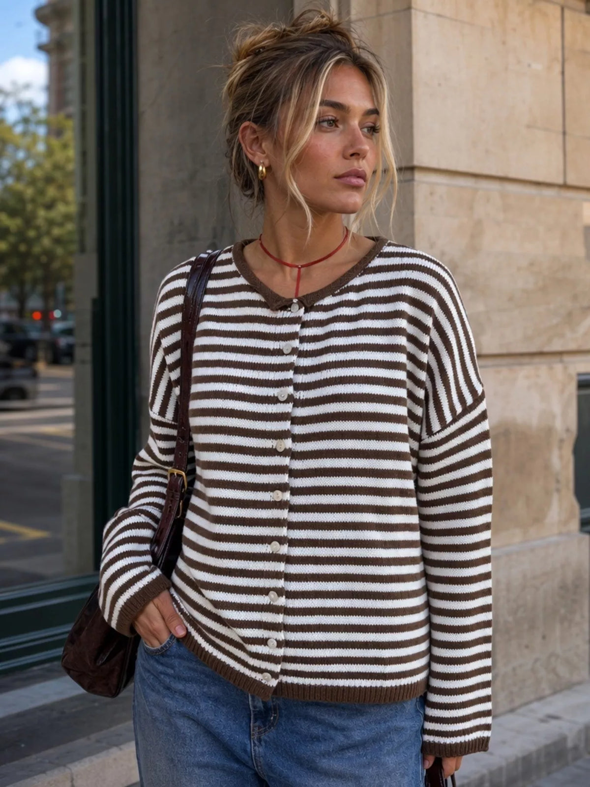 Striped Button-Down Knit Cardigan