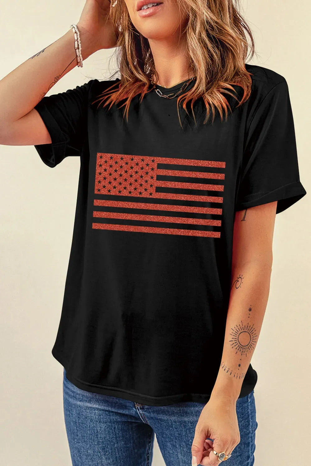 US Flag Graphic Round Neck Short Sleeve T-Shirt
