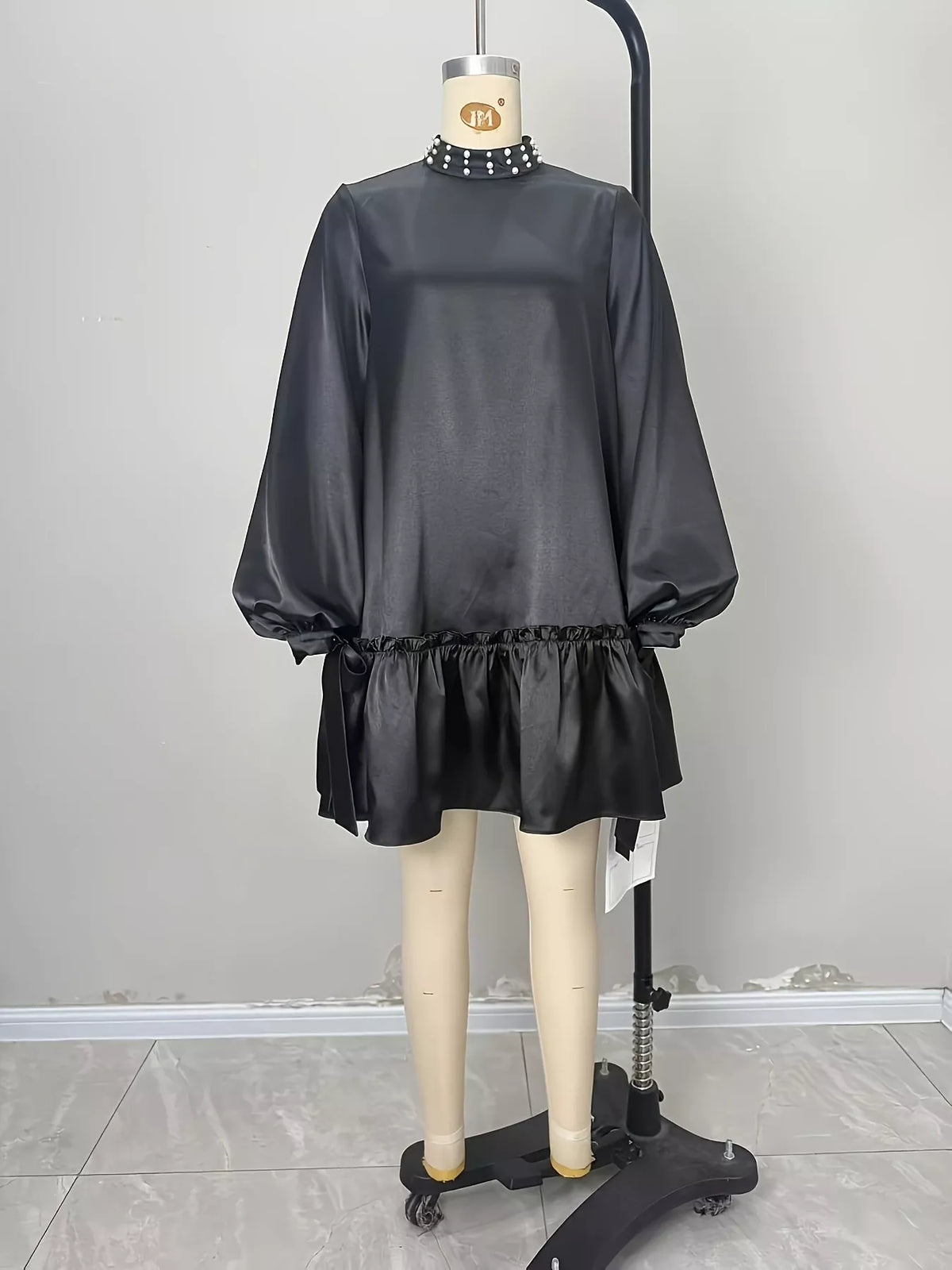 Pearl-Embellished Mock Neck Ruffle Hem Dress