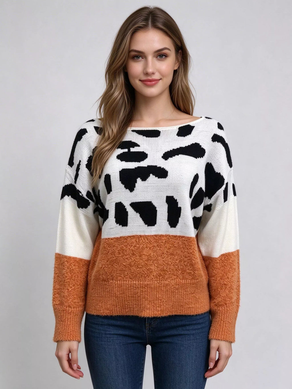 Full Size Off-Shoulder Colorblock Animal Print Sweater Plus Size