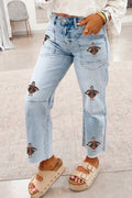 Sequin Turkey Patch Pocket Raw Hem Ankle Length Jeans