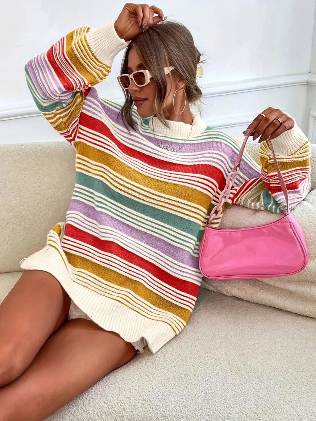 Rainbow Striped Drop Shoulder Oversized Sweater