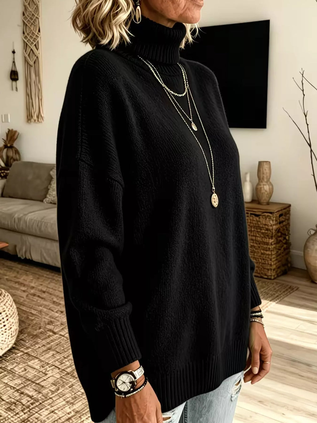 Turtleneck Dropped Shoulder Sweater