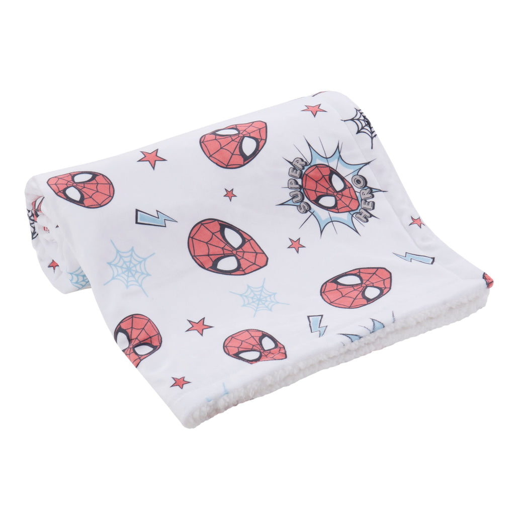 NoJo Marvel Spider-Man Super Hero Plush Sherpa Baby Blanket, Red, Gray, White