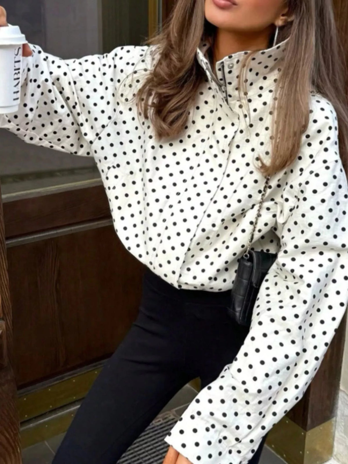 Polka Dot Zip Up Casual Jacket