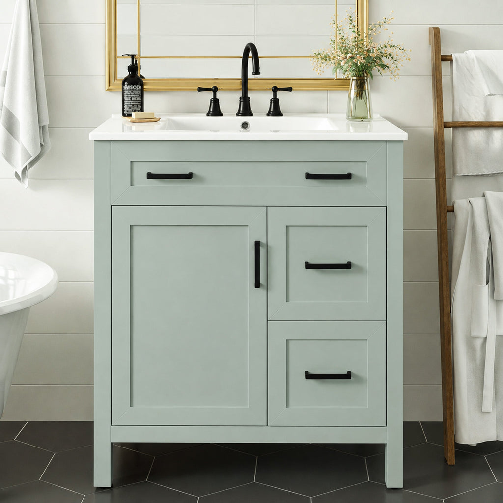 30-Inch Sage Green Bathroom Vanity with Flexible Storage - Solid Wood Frame
