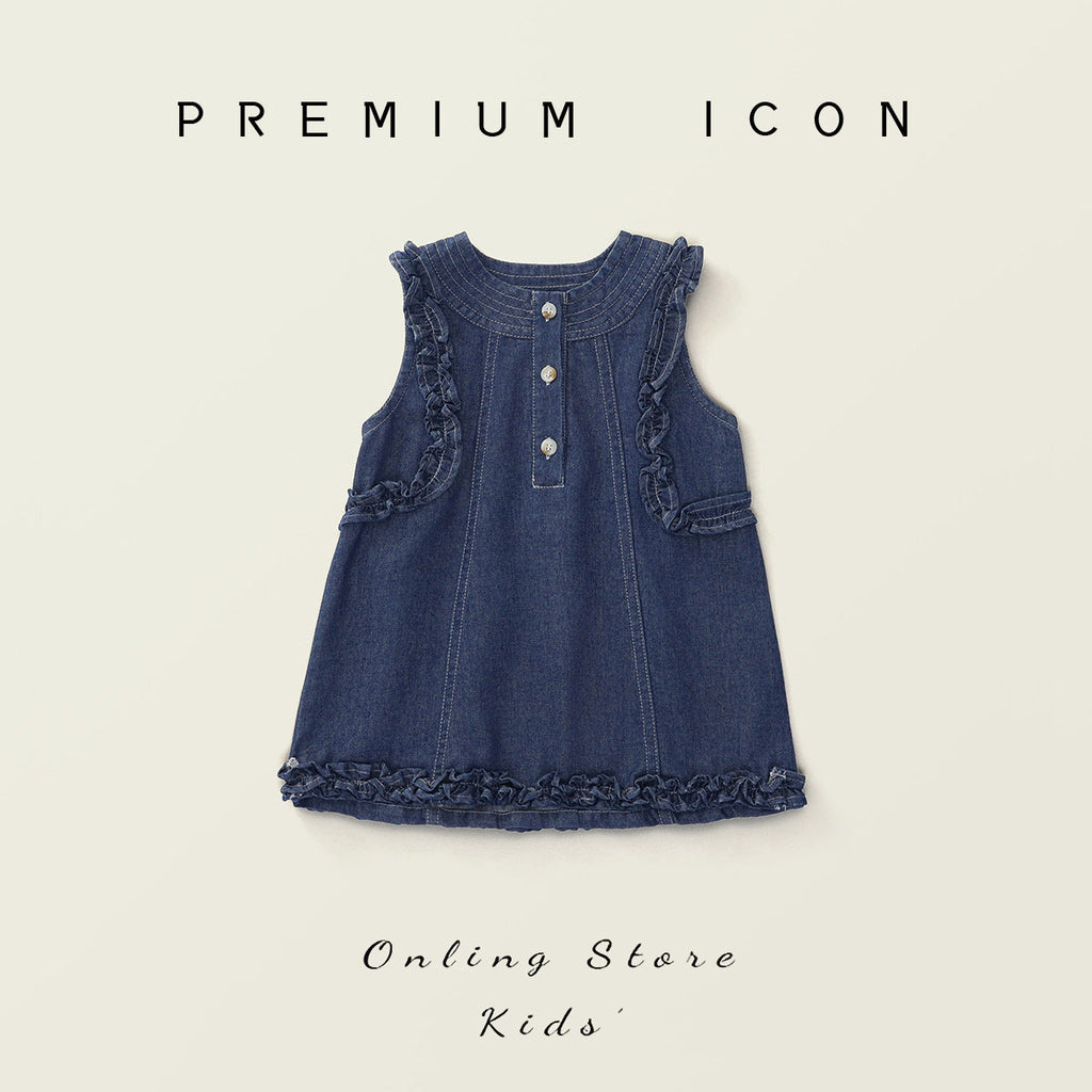 Korean-style Frilly Sleeveless Denim Dress For Girls