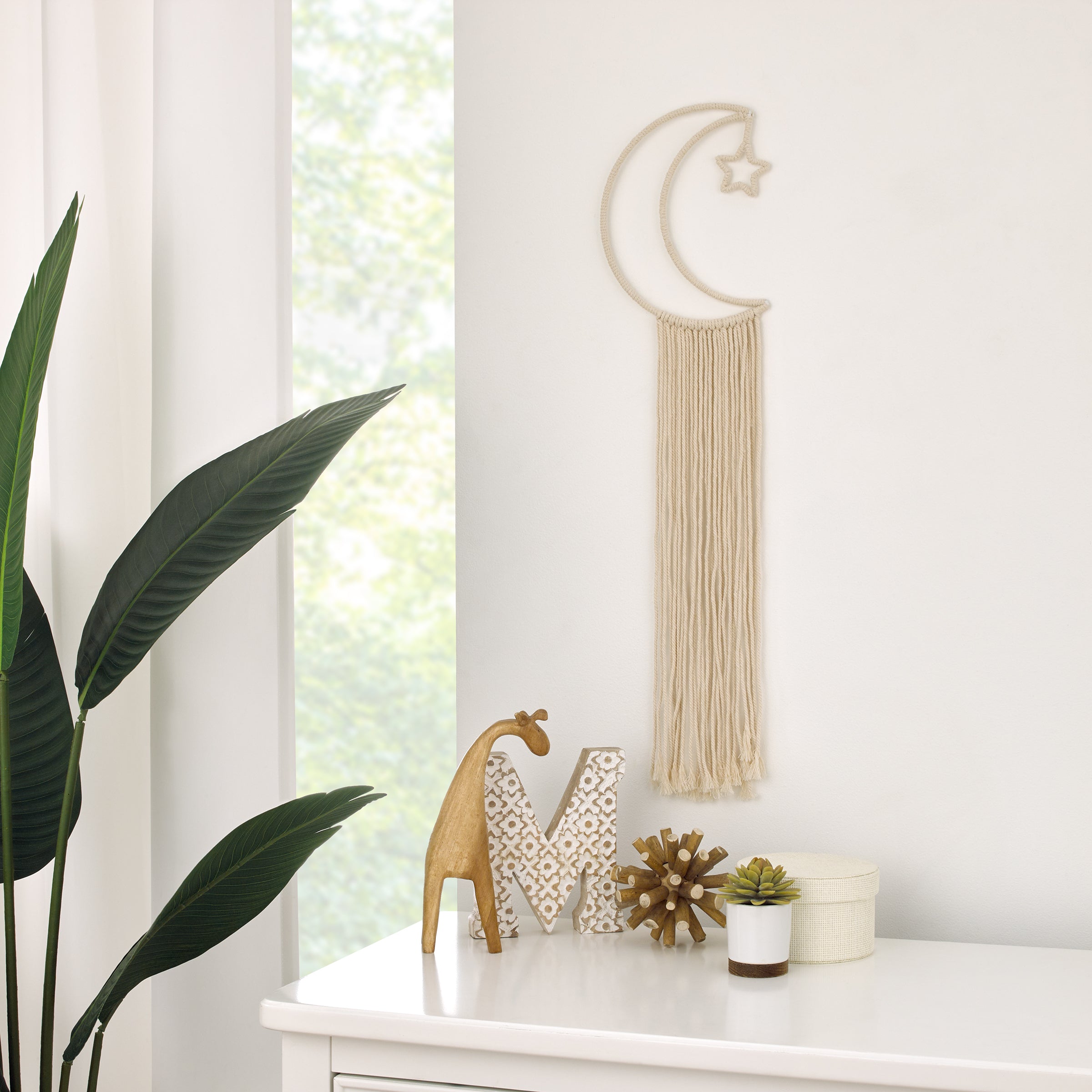 Natural Ivory MacramÃ© Moon Shaped Wall DÃ©cor With Fringe, 18" Long