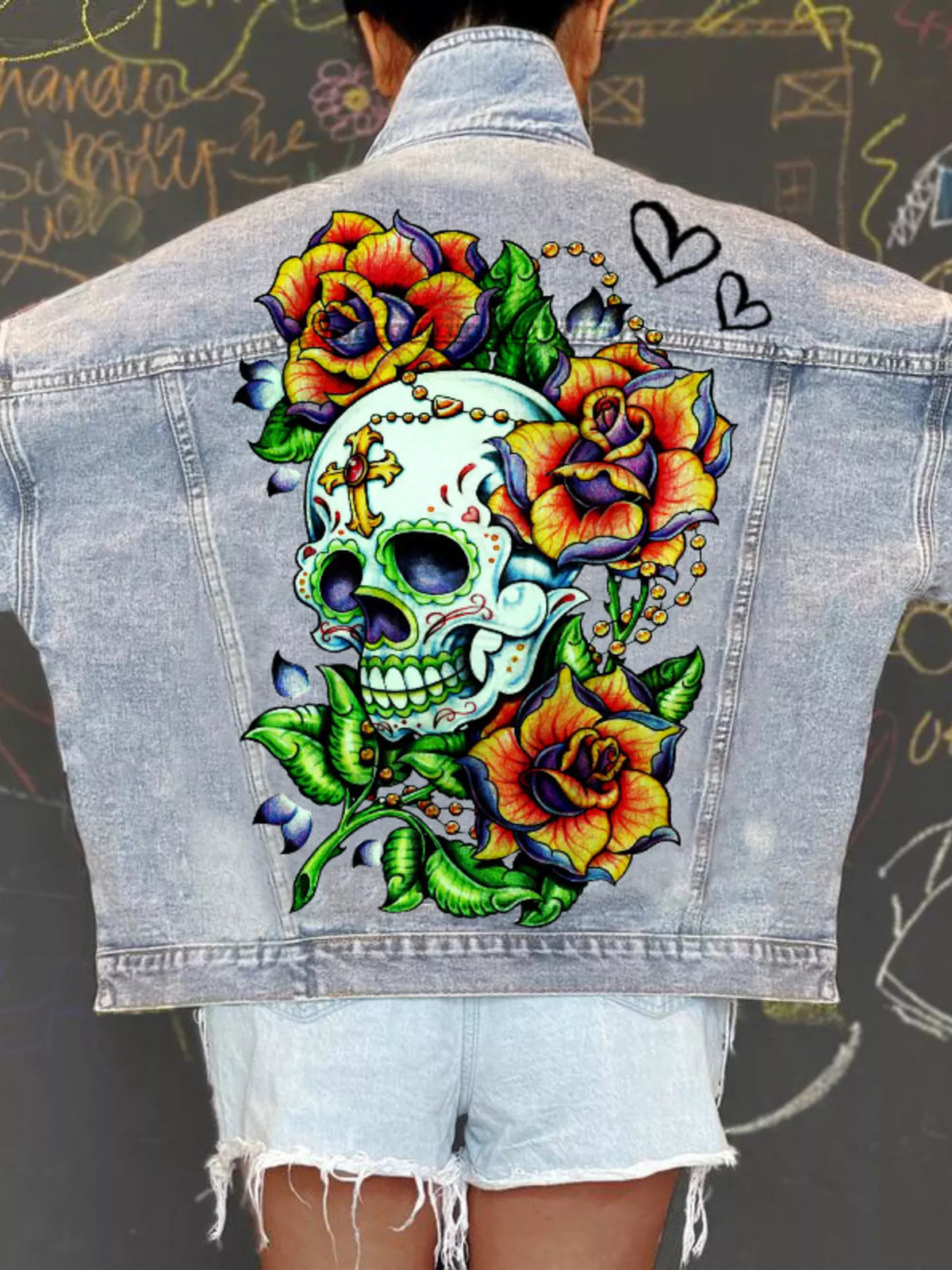 Full Size Skull Graphic Button Up Denim Jacket Plus Size