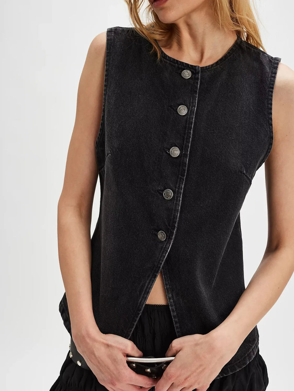 Button Down Round Neck Denim Vest