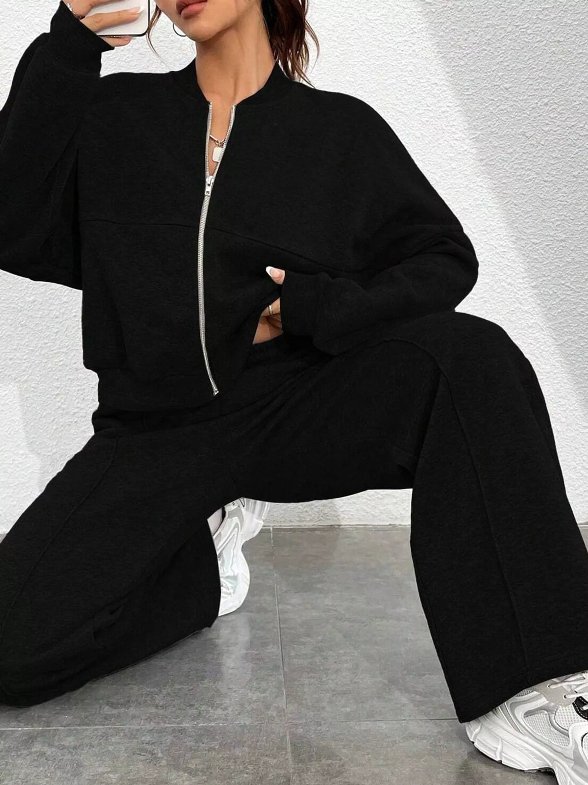 Casual Zip-Up Jacket and Wide-Leg Sweatpants Set