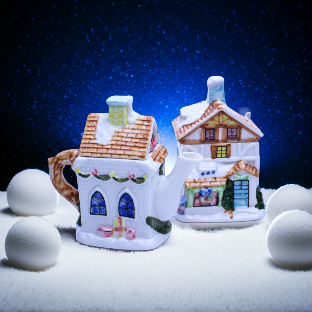 Houston Harvest Ceramic Christmas Cottage Teapot with Tea Caddy