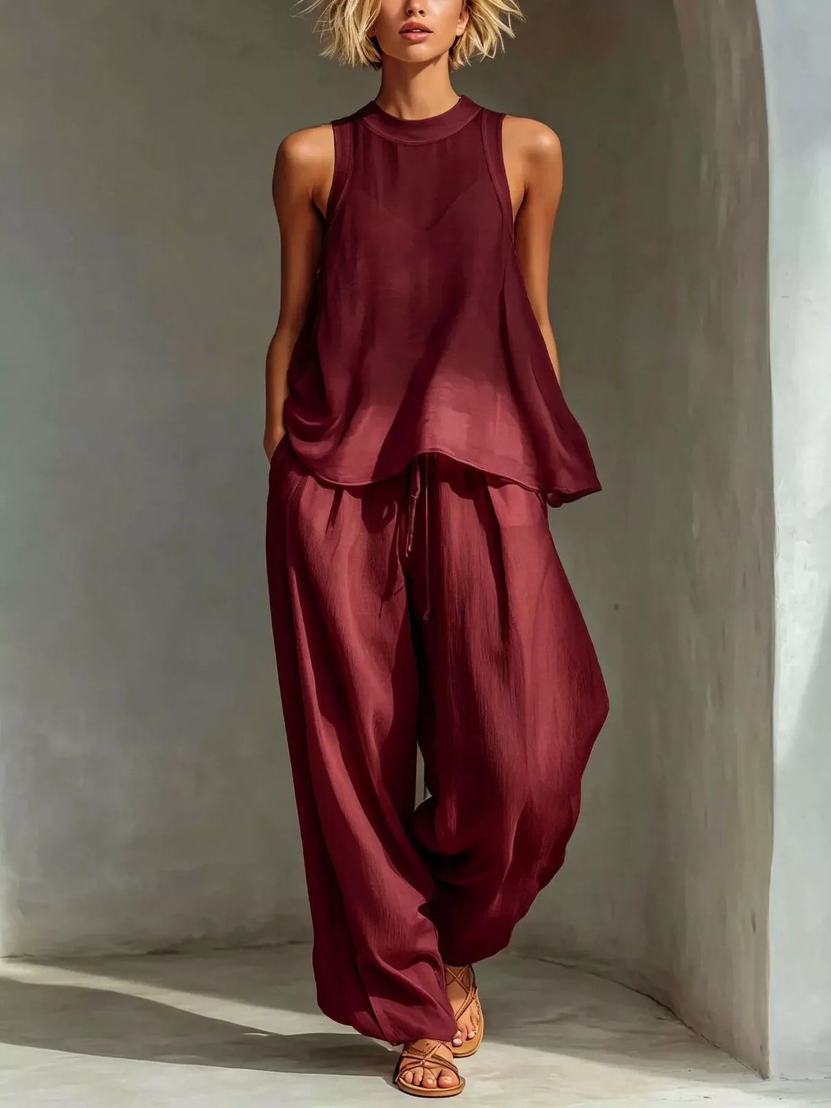Full Size Sheer Sleeveless Top and Wide-Leg Pants Set Plus Size