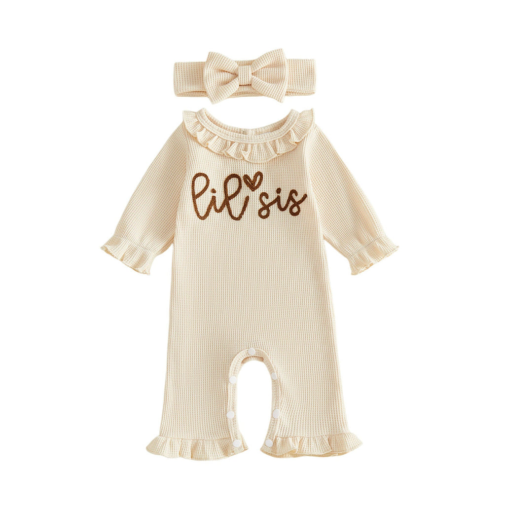Embroidered Lotus-leaf Collar Long-sleeve Jumpsuit Headband