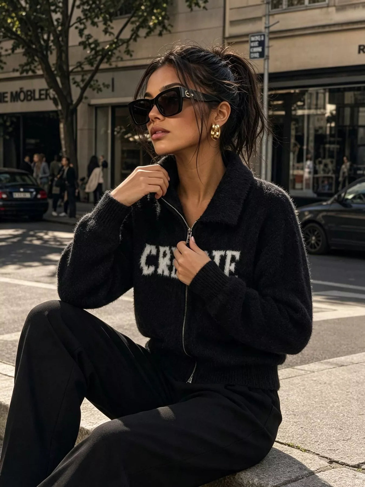 Fuzzy Letter Zip-Up Cardigan