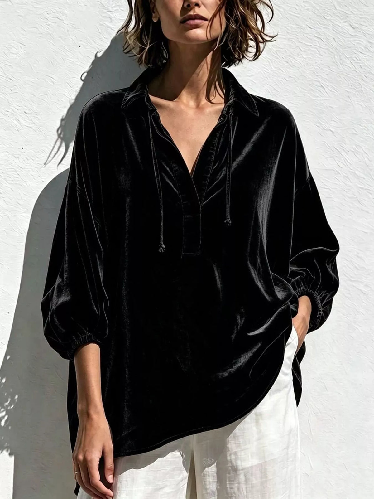 Full Size Oversized Velvet Collared Neck Drawstring Blouse Plus Size