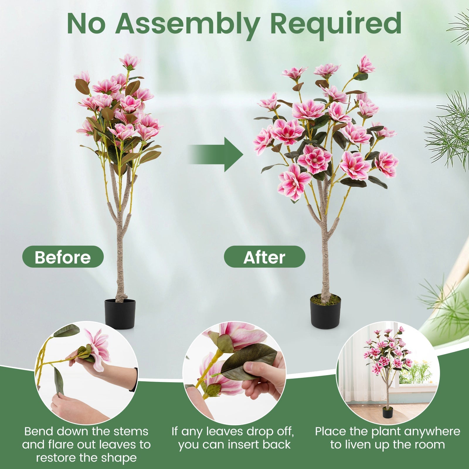 Faux Wedding Flower Plant with Elegant PEVA Leaves and Multi-branch Trunks-Pink