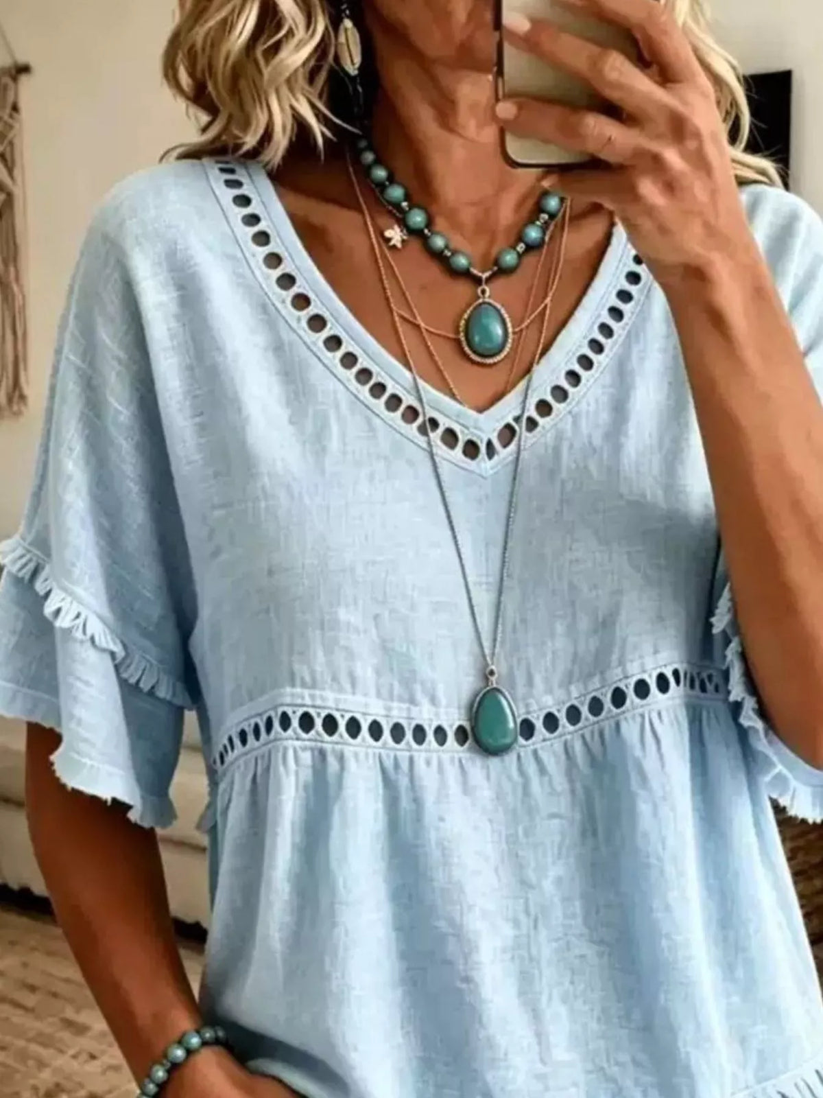 Eyelet V-Neck Frayed Edge T-Shirt