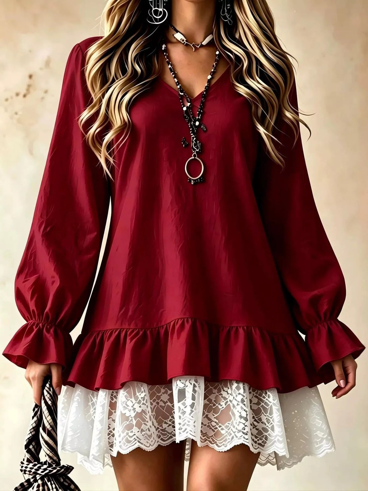 Lace Hem V-Neck Flounce Sleeve Dress