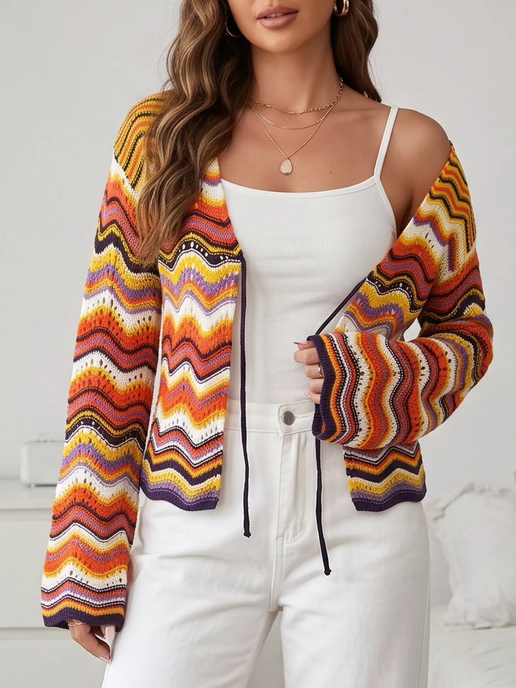 Vibrant Chevron Striped Tie-Front Knit Cardigan