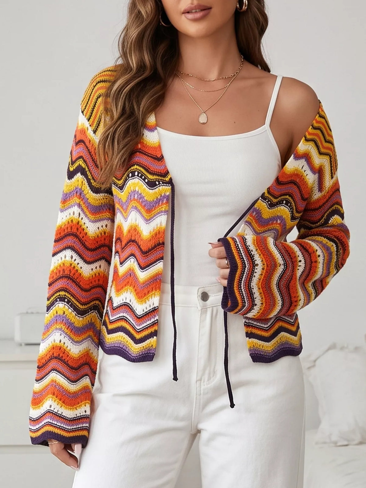 Vibrant Chevron Striped Tie-Front Knit Cardigan