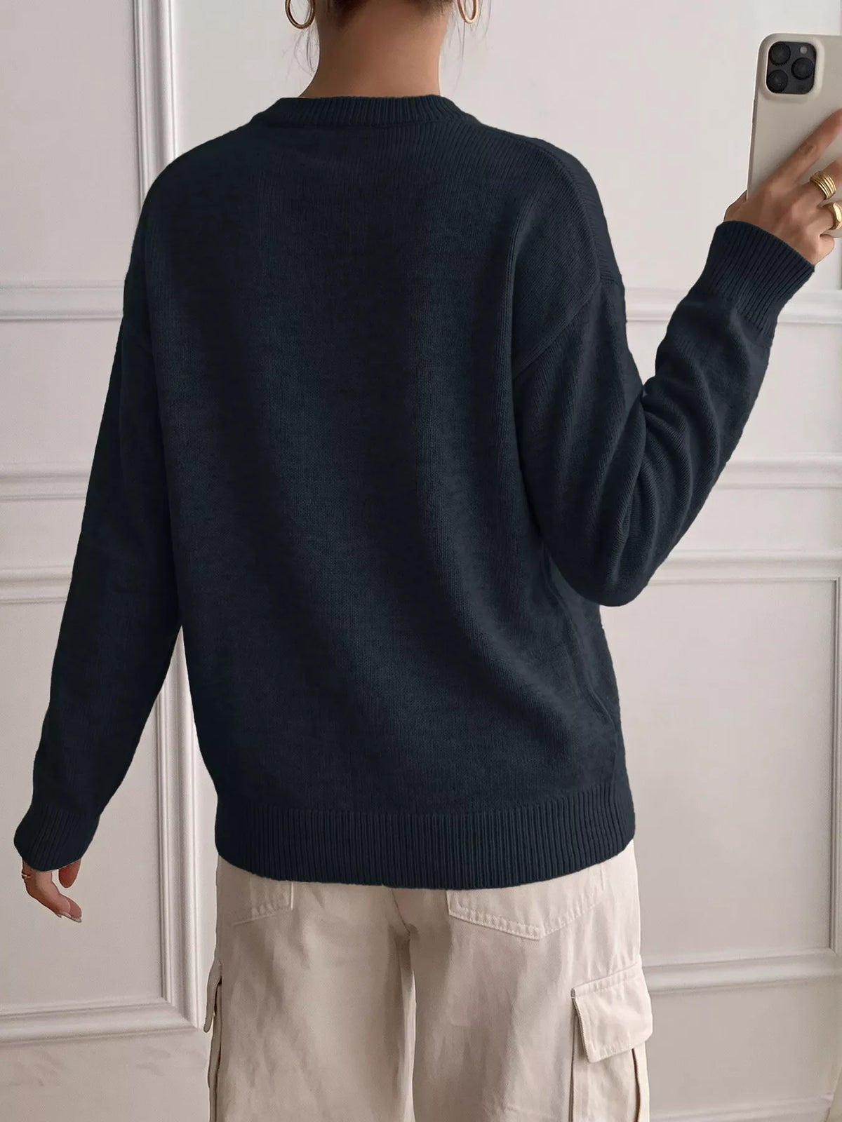 Dropped Shoulder Decorative Button Sweater