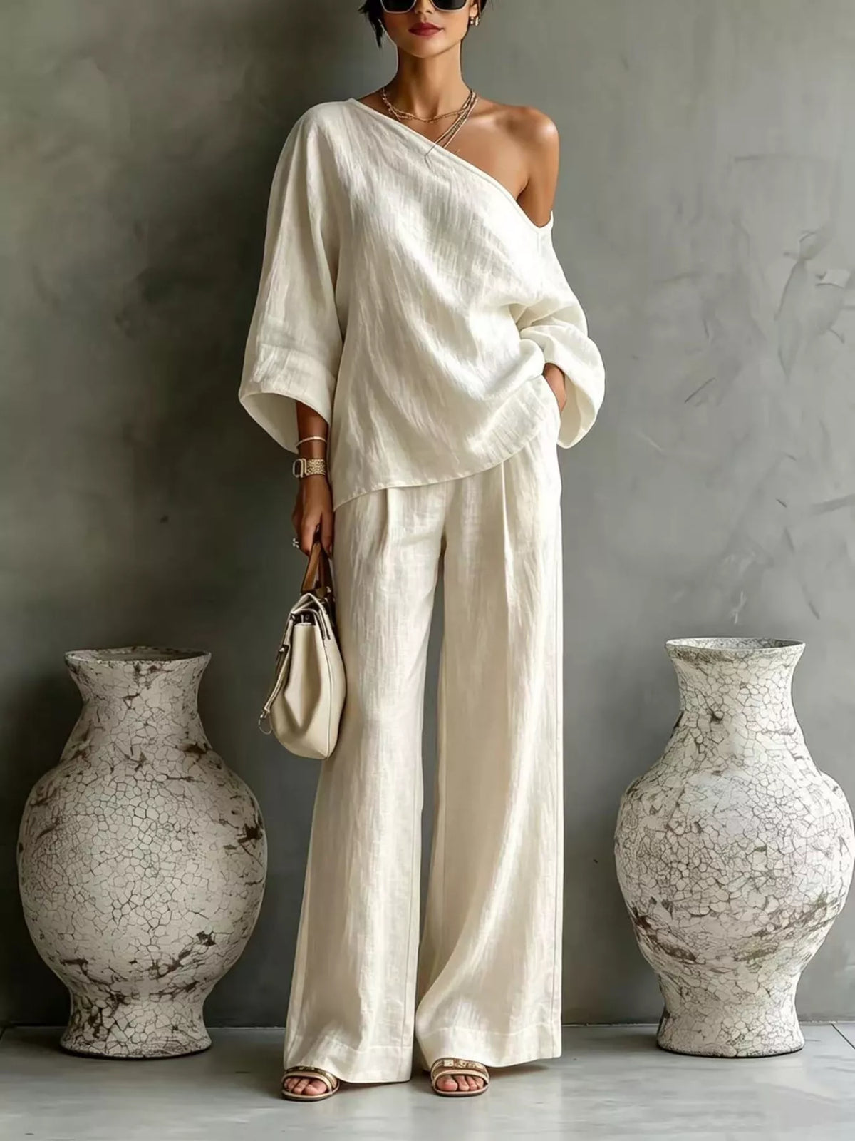 One Shoulder Top and Wide Leg Pants Set
