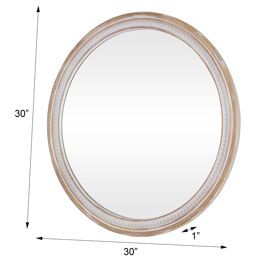 30" Round Solid Wood Farmhouse Wall Mirror - Rustic Boho Circle Mirror