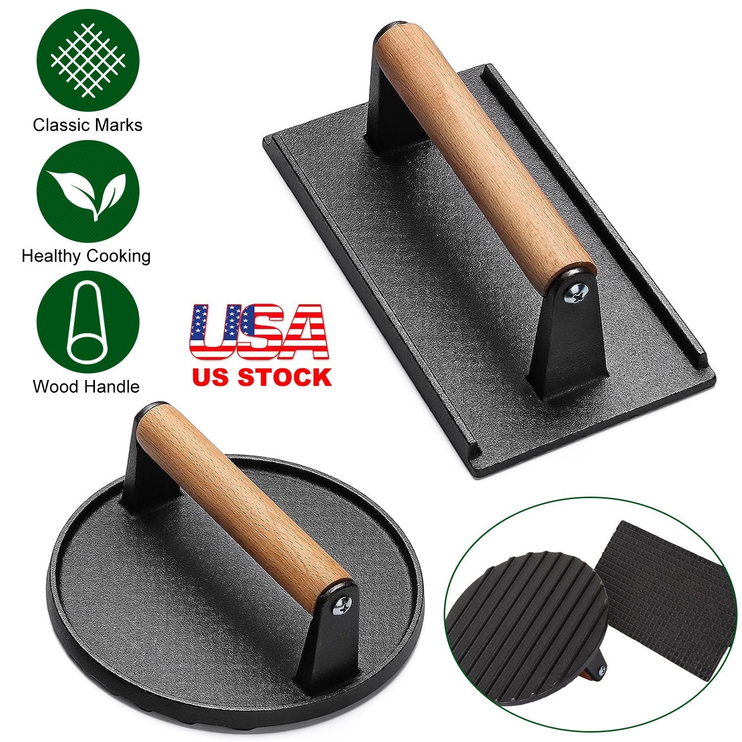 Cast Iron Grill Press for Burgers and Bacon