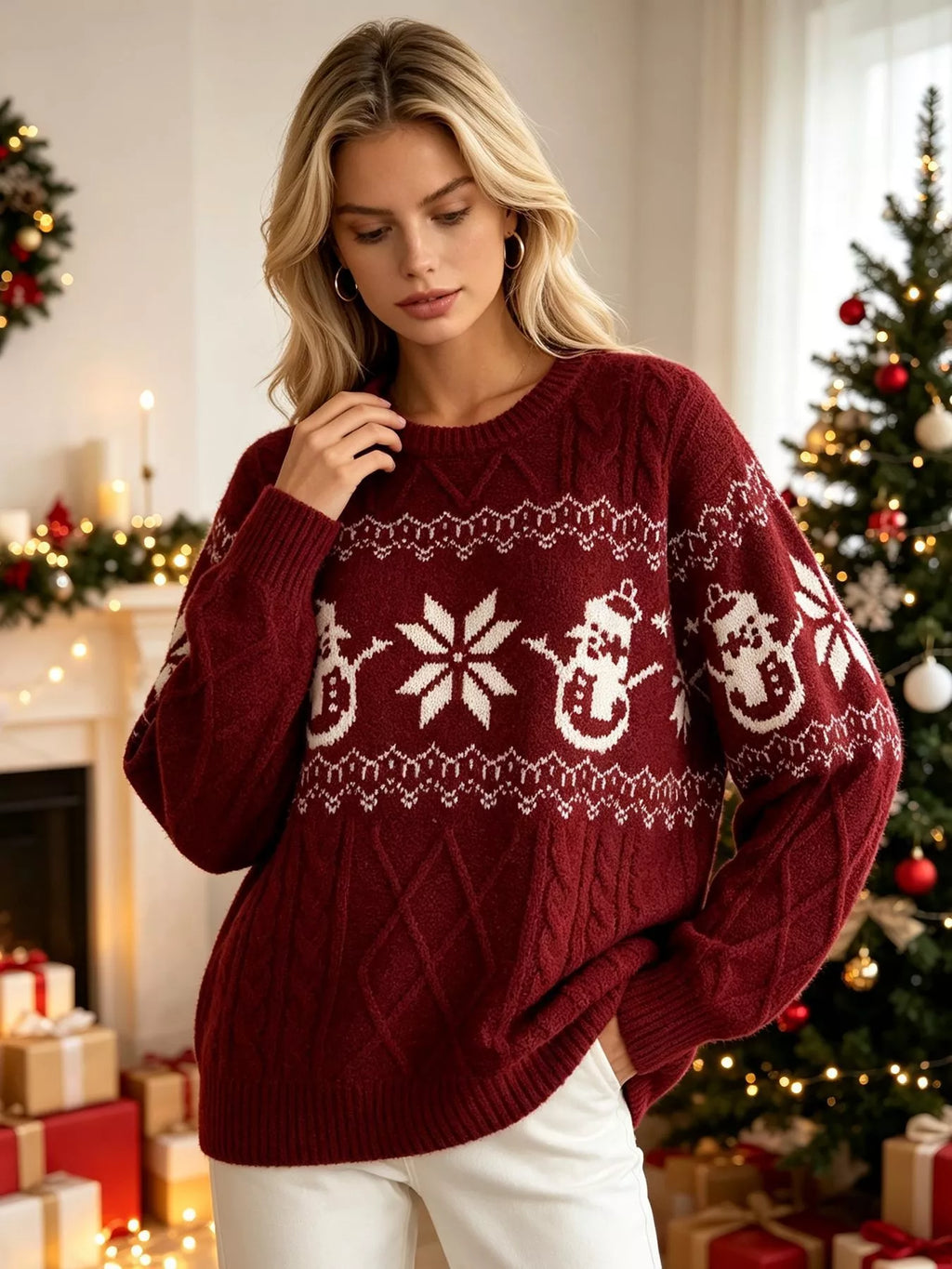 Christmas Snowman Pattern Cable Knit Sweater